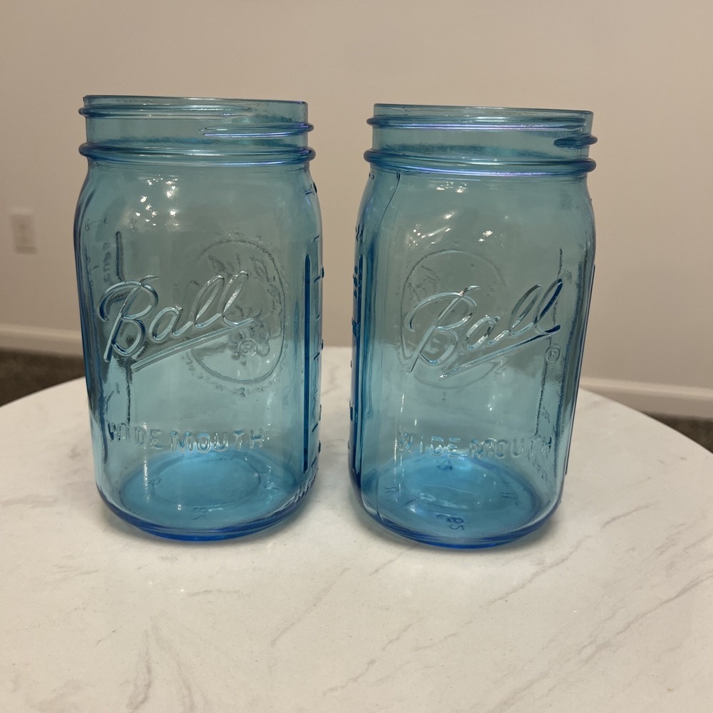 Ball Mason Jar Blue Glass Set Two 24oz Wide Mouth Canning Cottage Farm Granny